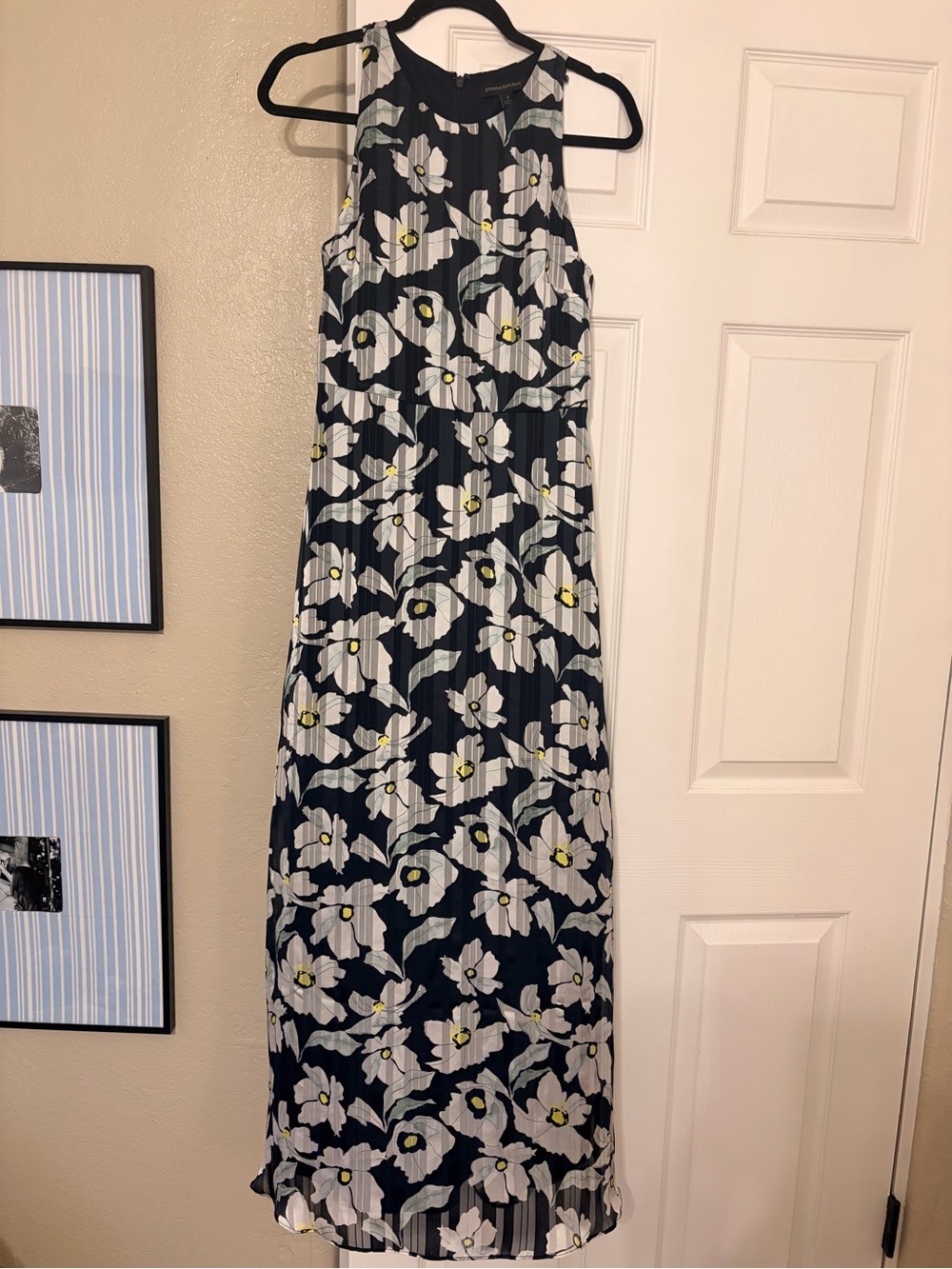 Banana Republic Sleeveless Navy Floral Maxi Dress with White Blooms